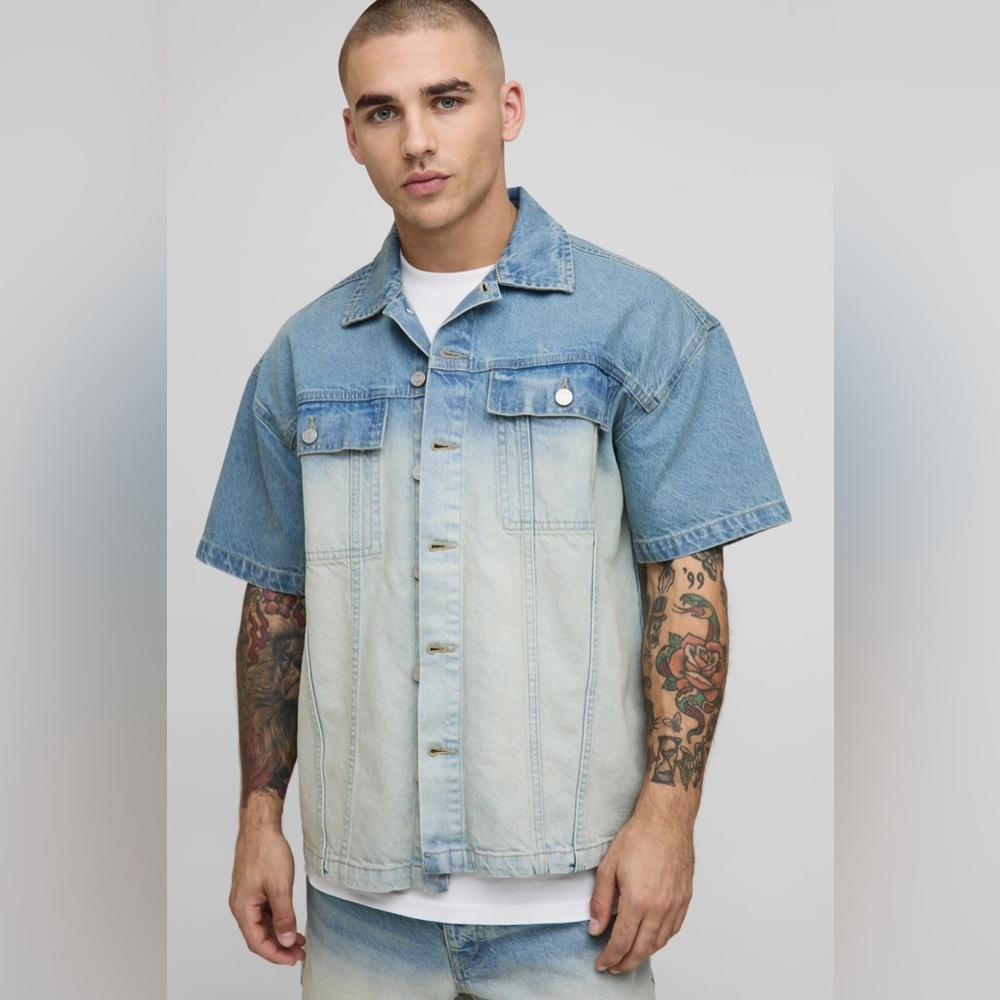 BoohooMAN 3/4 Sleeve Boxy Stone Washed Panelled Denim Shirt
